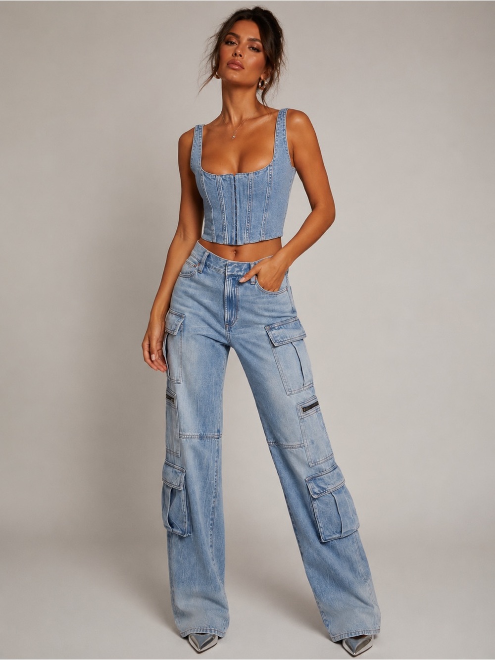 Alice + Olivia Cay Baggy Denim Cargo Pants Sz 25 Brea Blue High-Waisted Wide Leg